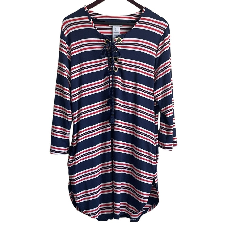 La Blanca Women Sailor Striped Dress L Lace Up Nautical Coastal Preppy Resort